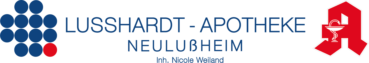 Ein blau-rotes Logo für die Lusshardt Apotheke Neulubheim