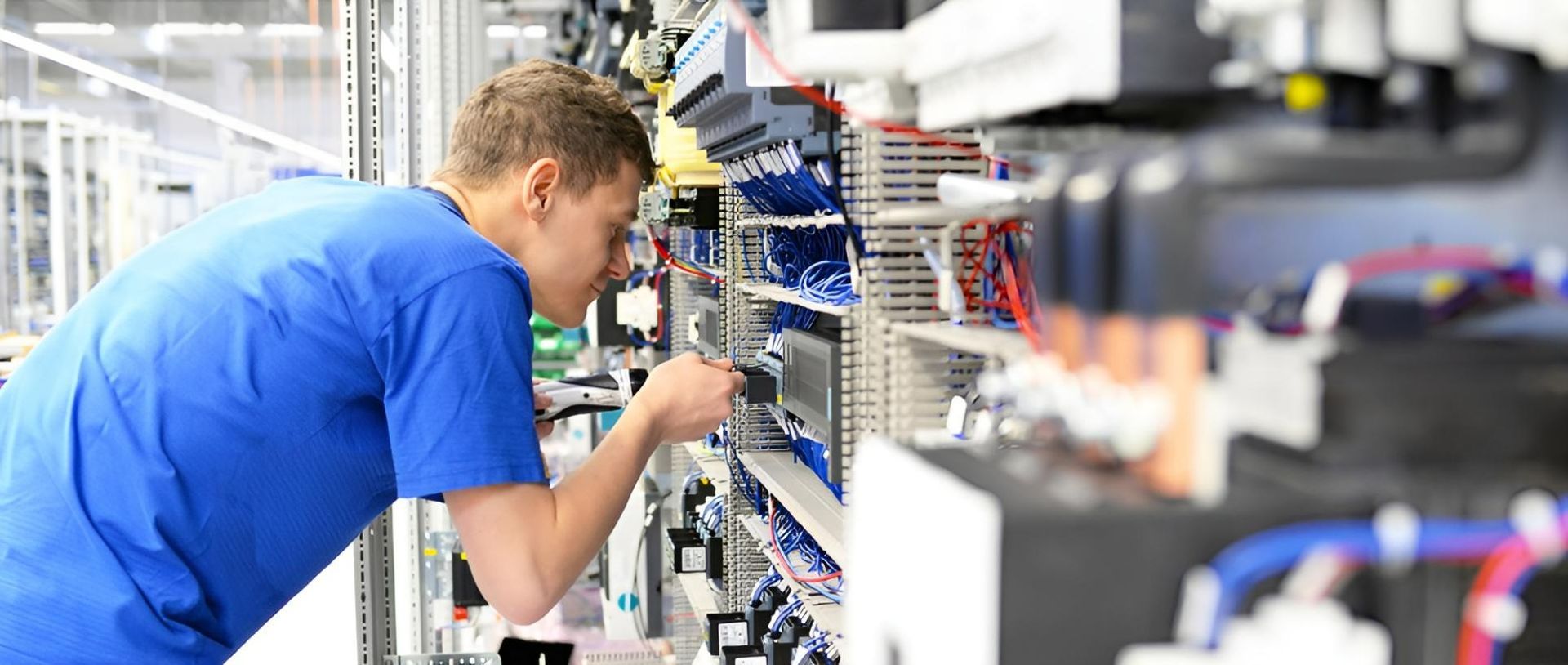A Man in A Blue Shirt Is Working on A Machine in A Factory — Cairns & Cape Electrical In Woree, QLD