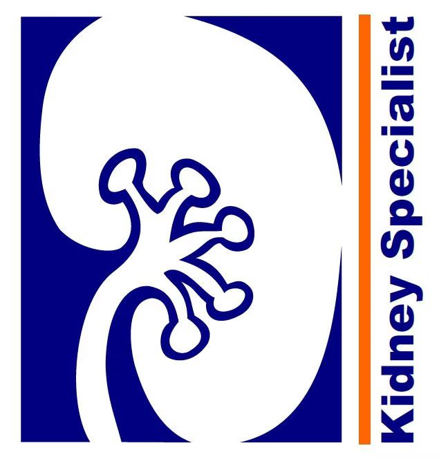 White kidney graphic on blue with "Kidney Specialist" text in orange.