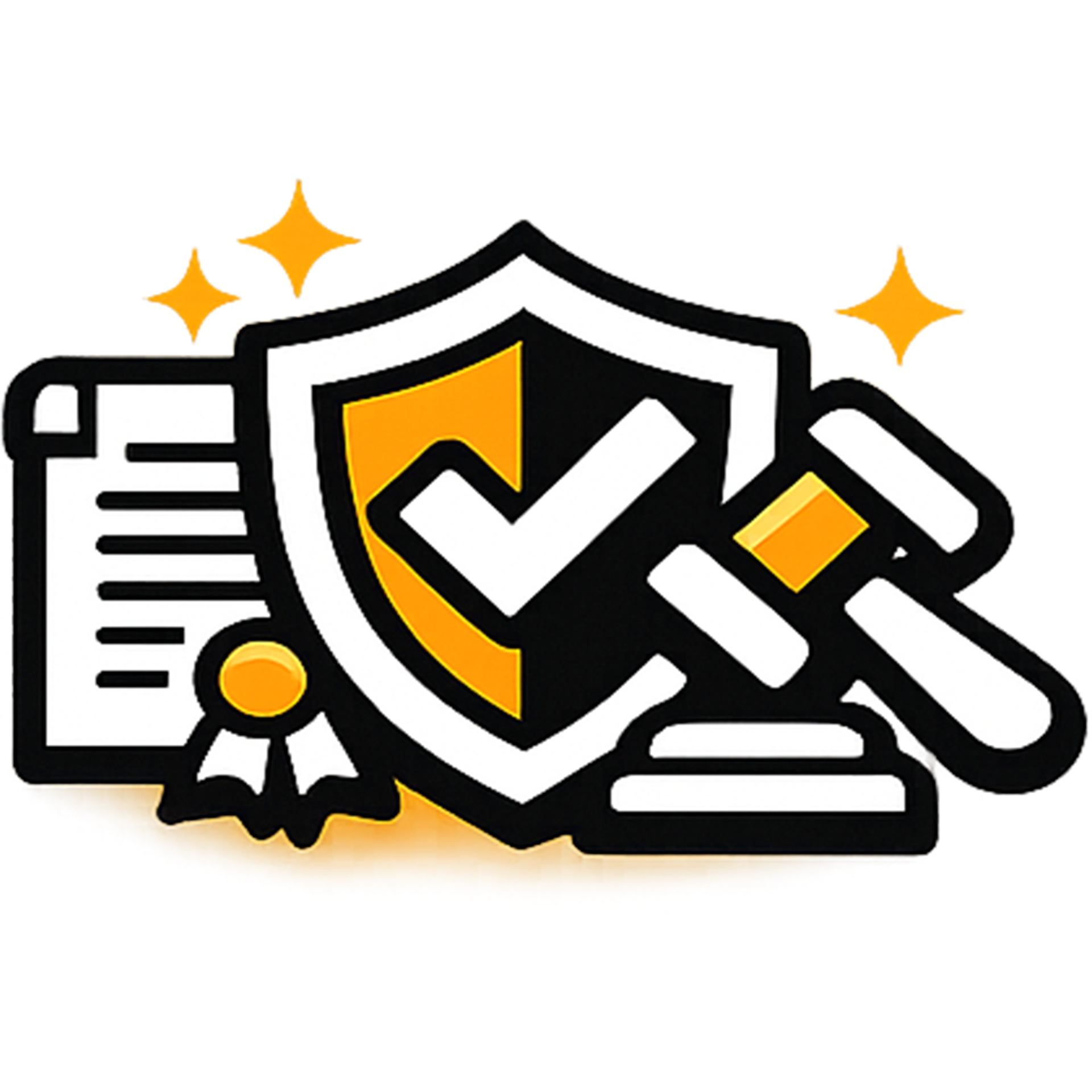 A yellow and black icon featuring a shield with a checkmark, a legal document with a seal, and a judge's gavel.