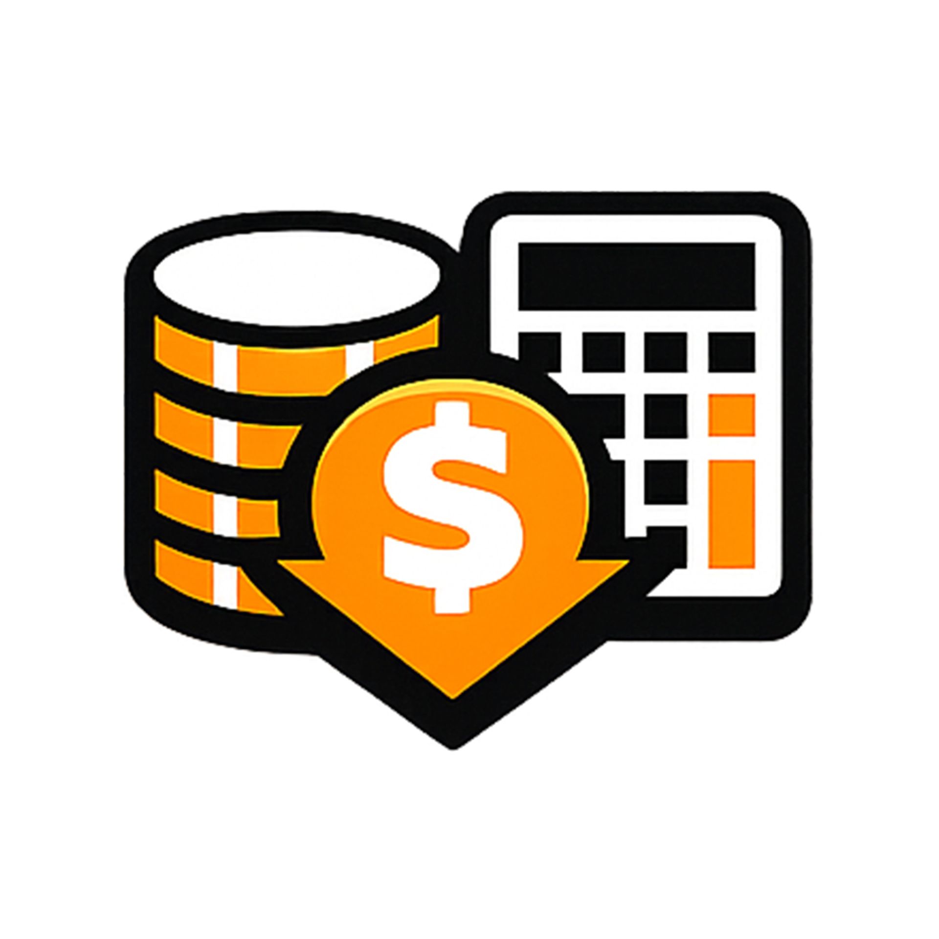 An orange and black icon featuring a stack of coins, a dollar sign on a downward arrow, and a calculator.