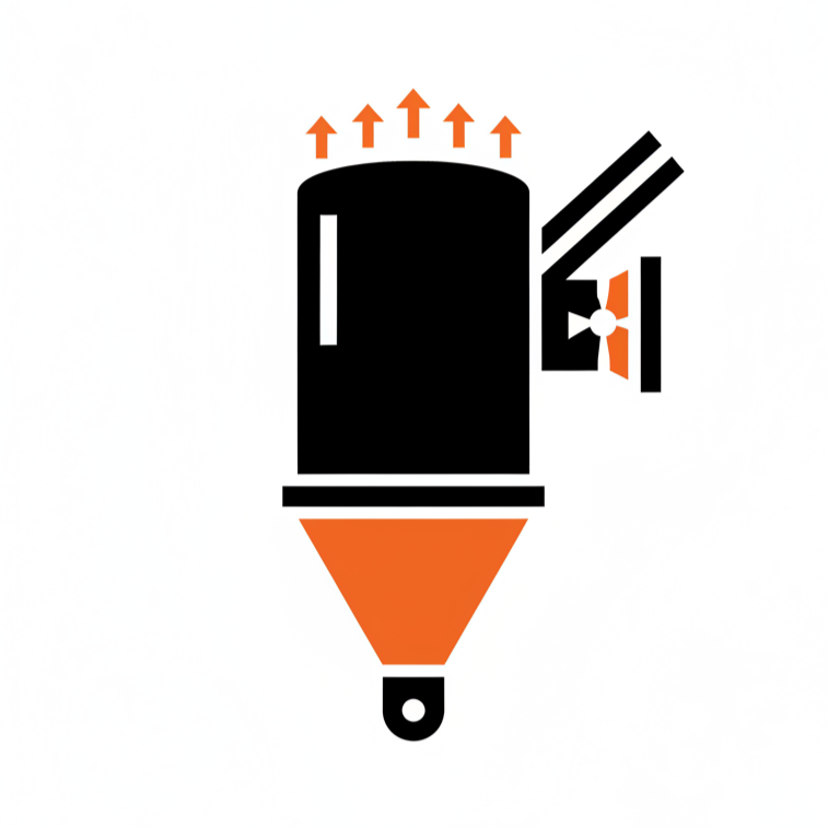 Dust collector schematic: Black cylindrical body with orange conical base, arrows indicate airflow.