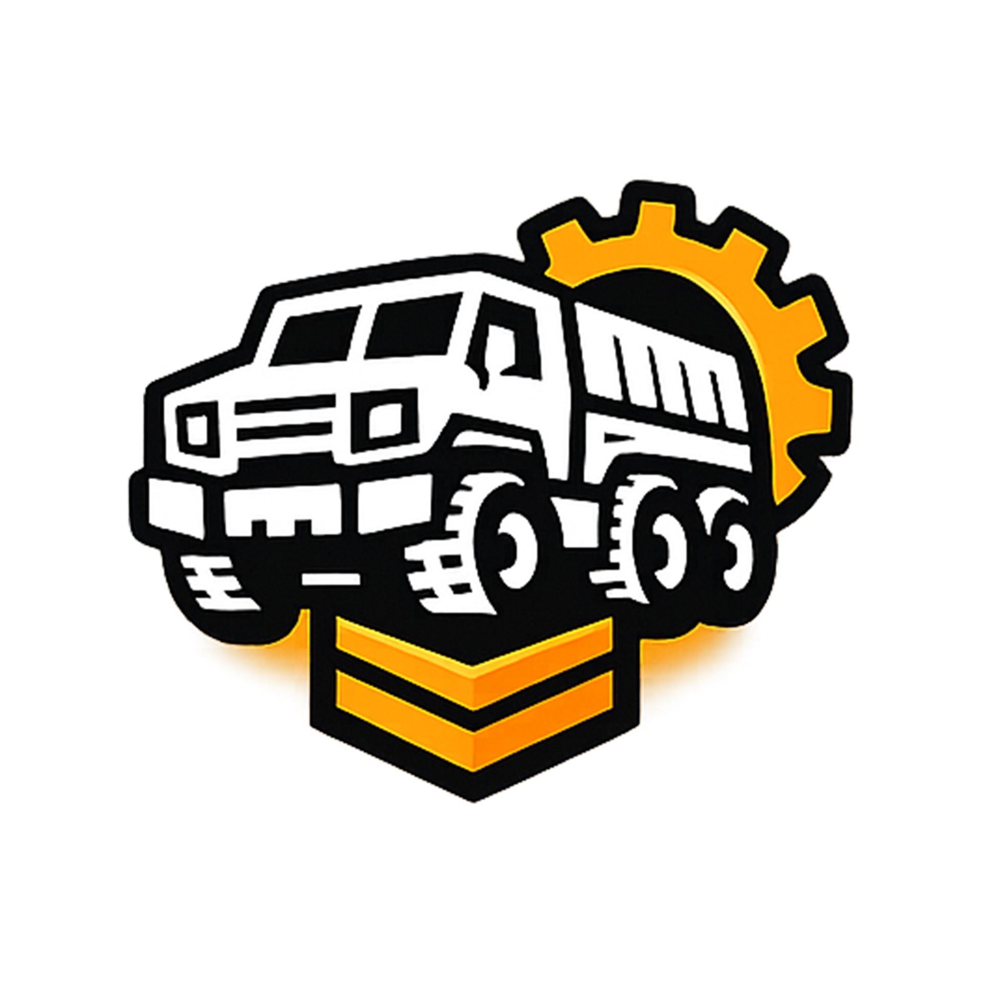A logo showing a white off-road truck positioned above two orange chevron stripes, set against a partial yellow gear.