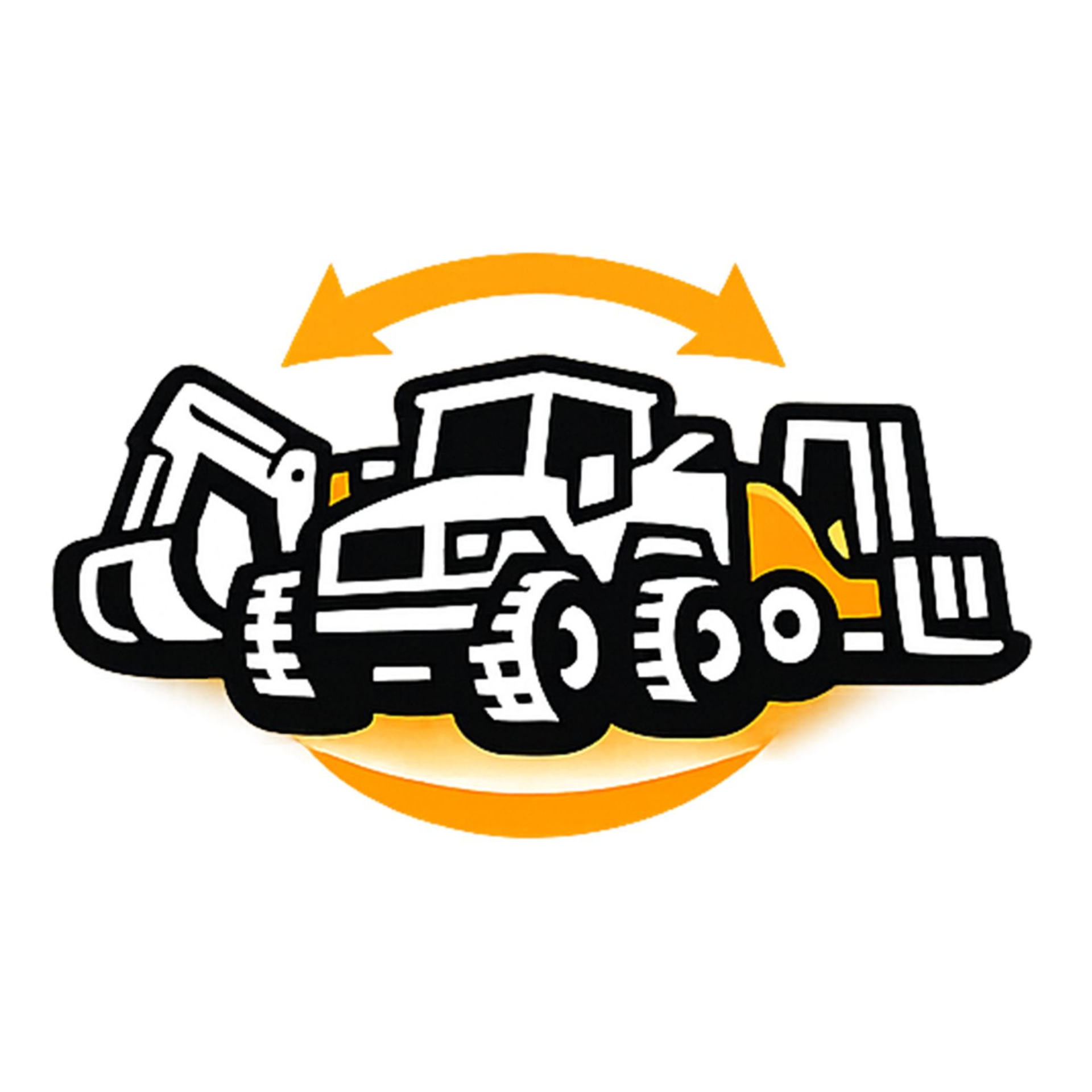 A construction vehicle with an excavator arm on one side and a forklift on the other, shown with a rotating arrow icon.