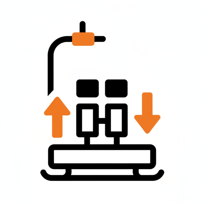 Ski lift icon with an orange up arrow and a down arrow, two black seats, and orange support.