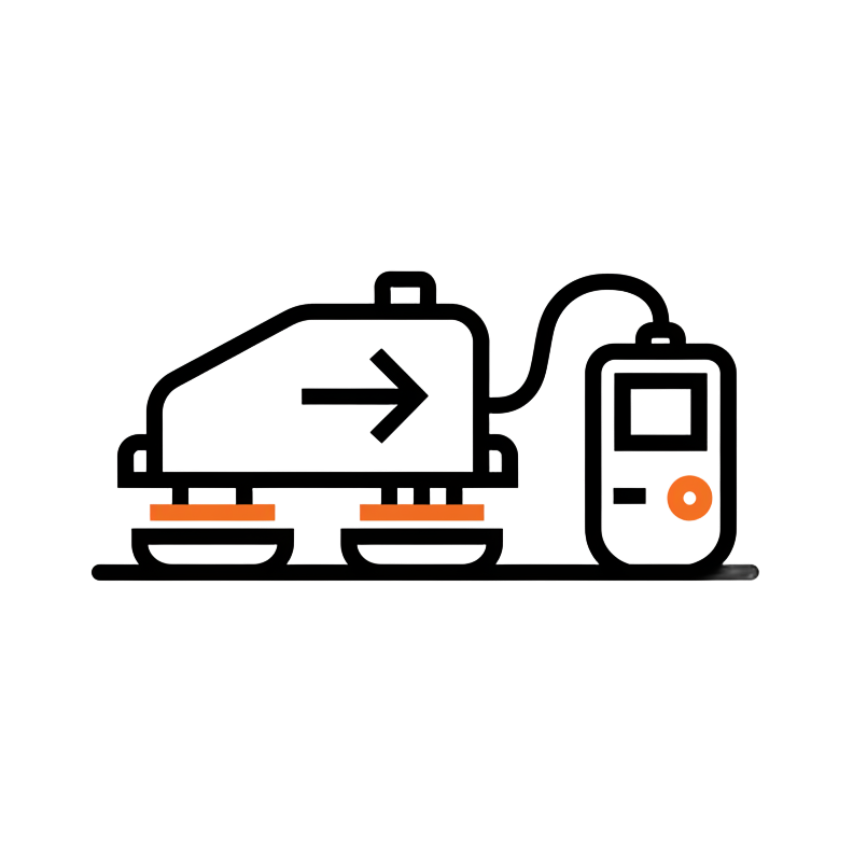 A device with an arrow, connected to a handheld screen, sitting above two orange colored circles.