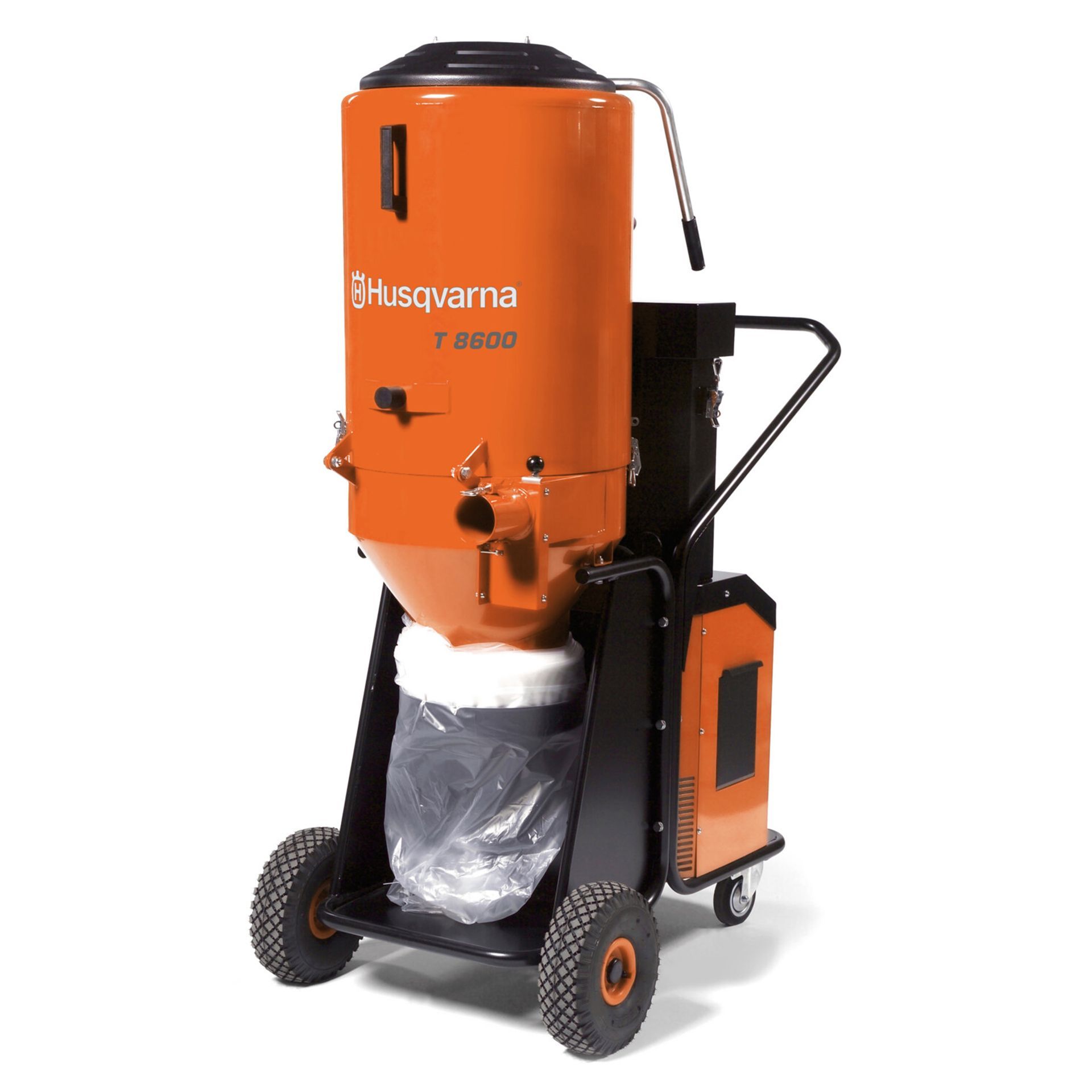 A husqvarna vacuum cleaner is sitting on a cart on a white background.