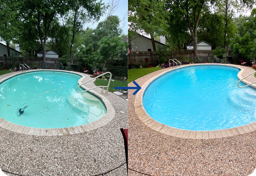 A split-screen comparison showing a murky, light-green swimming pool transitioning to a clear, bright blue pool.