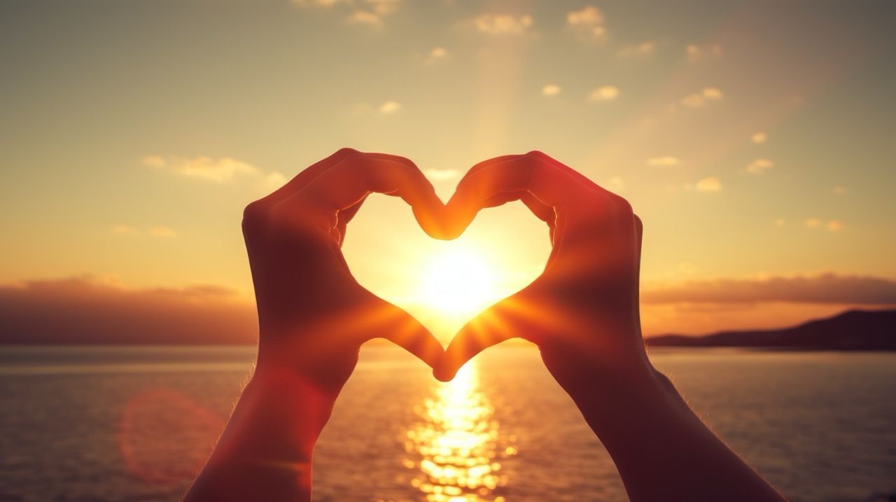 Two hands creating a heart shape around the sun as it sets over the ocean