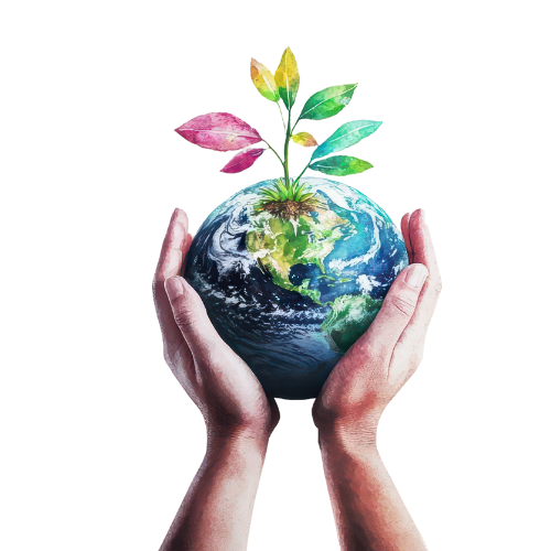 Two hands holding the earth with a healthy and colourful plant growing at the top if it