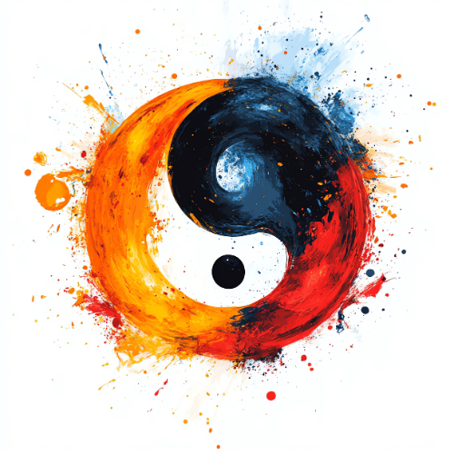 yin yang symbol with fire, metal, water energy