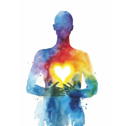 colourful water painting of human holding a glowing heart