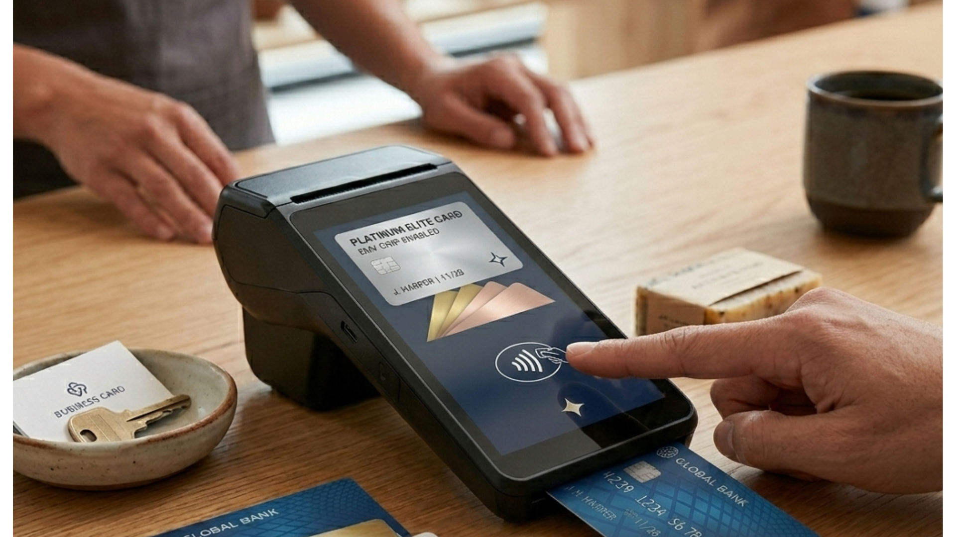 Person tapping a payment terminal on a wooden table with cards and a coffee cup nearby