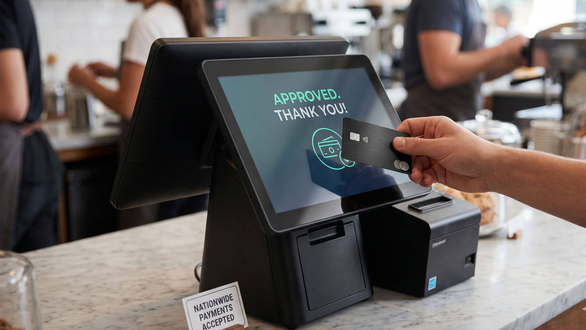 Person tapping a card at a self-service checkout kiosk in a café