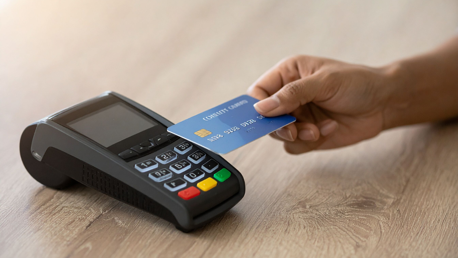 Hand inserting a blue credit card into a card payment terminal on a wooden table