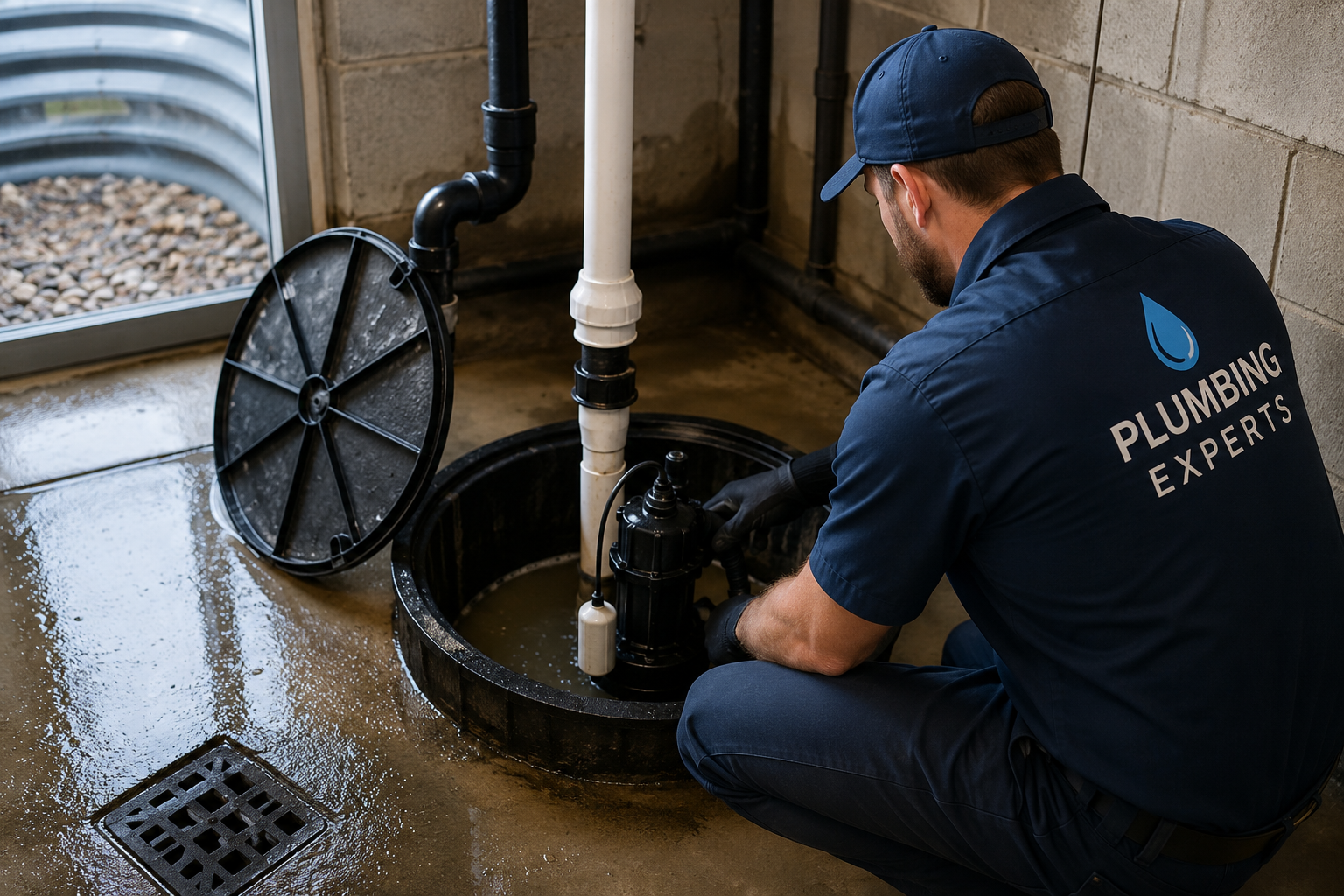 Hands adjusting a pipe fitting in a utility room with white plumbing pipes and red valves
