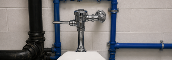 Blue pipes and a chrome toilet flush valve against a tiled restroom wall.