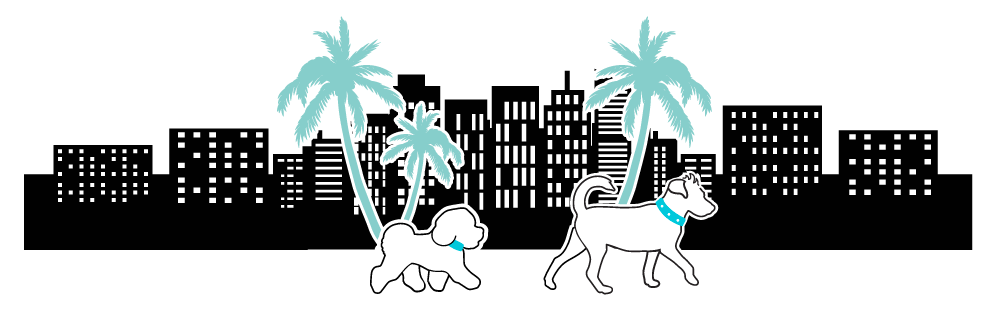 Two dogs are walking in front of a city skyline with palm trees.