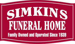 Simkins Funeral Home logo: red and white text on a red sign, "Family Owned and Operated Since 1939."