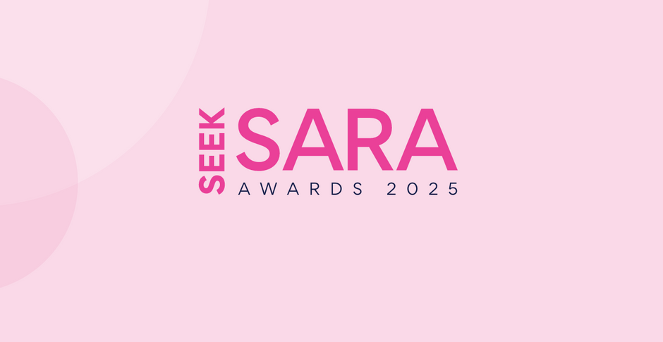Pink background with white text: SEEK SARA AWARDS 2023.
