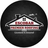 Escobar Premier Roofing logo: house outline, text, worker silhouette on black background.
