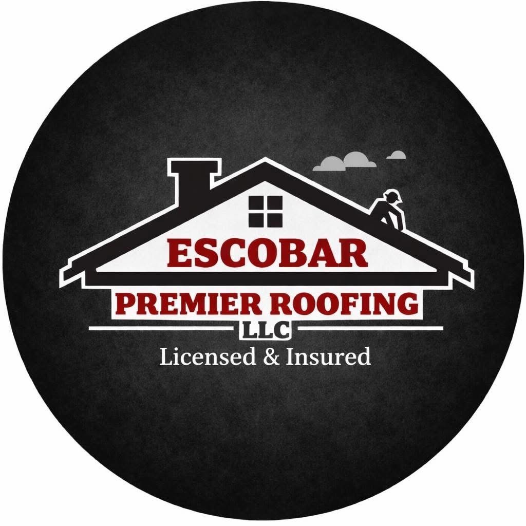 Escobar Premier Roofing logo: house outline, text, worker silhouette on black background.