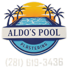Logo for Aldo's Pool Plastering with a swimming pool, palm trees, sunset, and phone number (281) 619-3436.