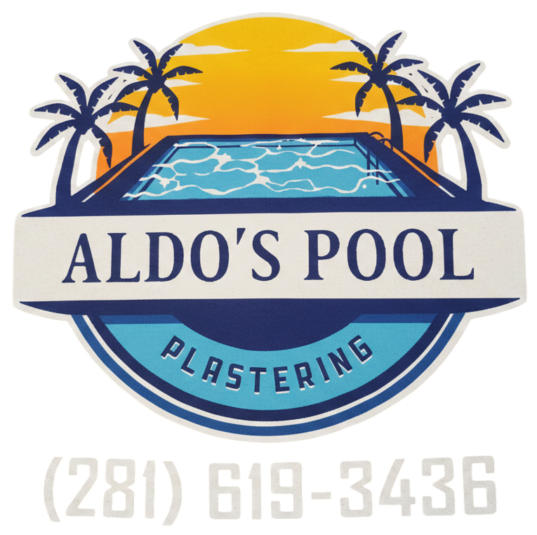 Logo for Aldo's Pool Plastering with a swimming pool, palm trees, sunset, and phone number (281) 619-3436.
