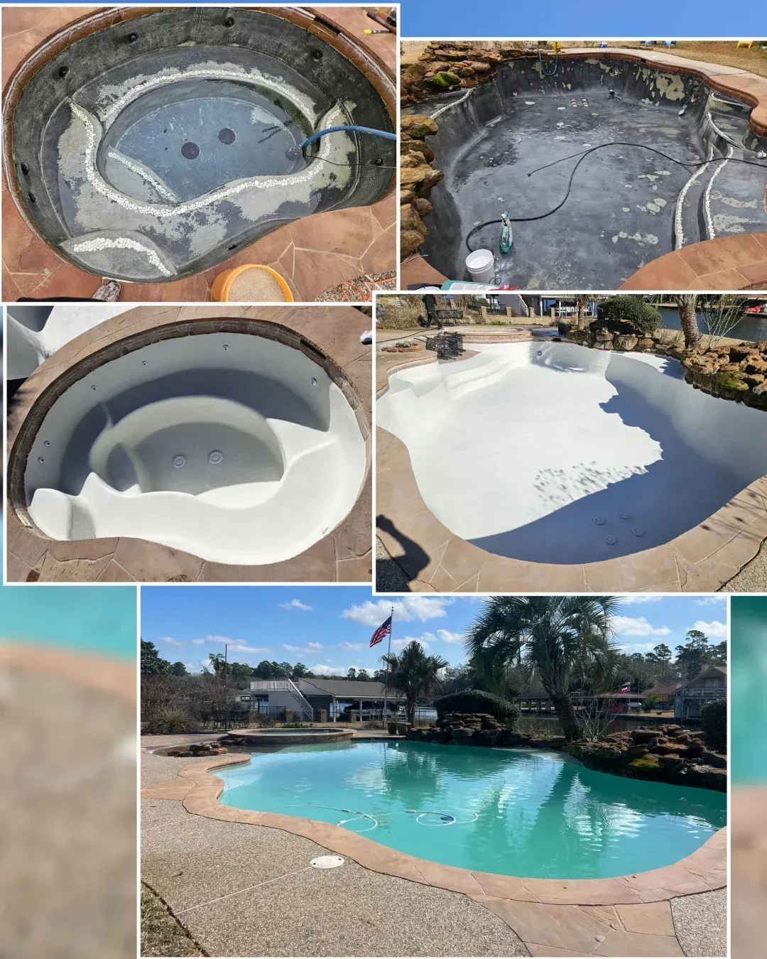 A collage shows a pool and spa renovation, from drained, worn surfaces to a freshly resurfaced finish and filled with water.
