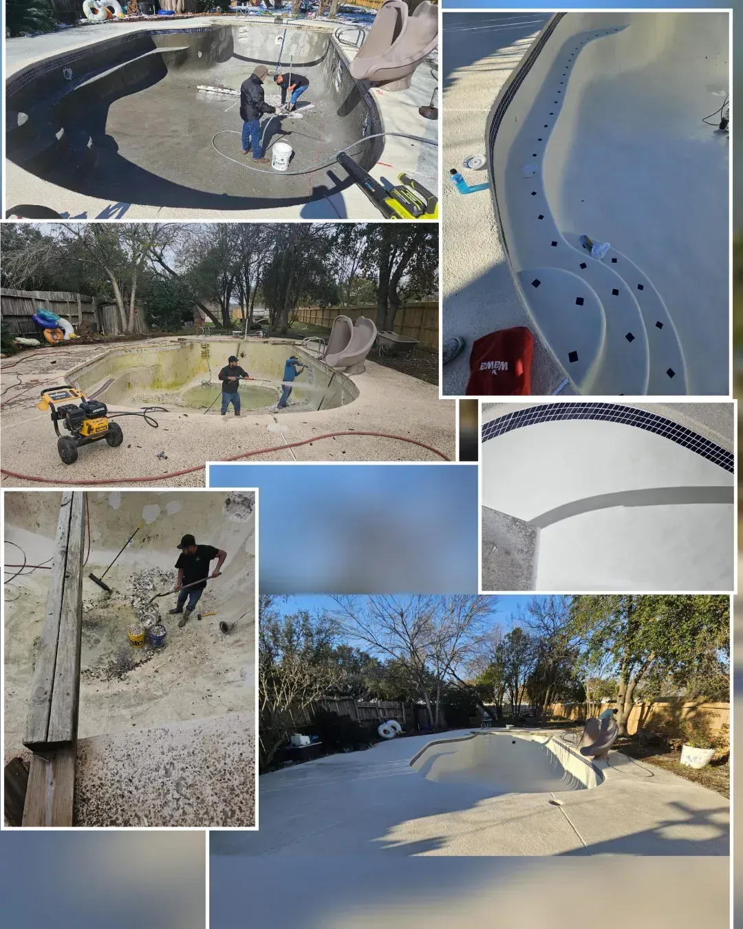 A collage showing workers renovating a swimming pool, including surface prep, applying finish, and the final result.