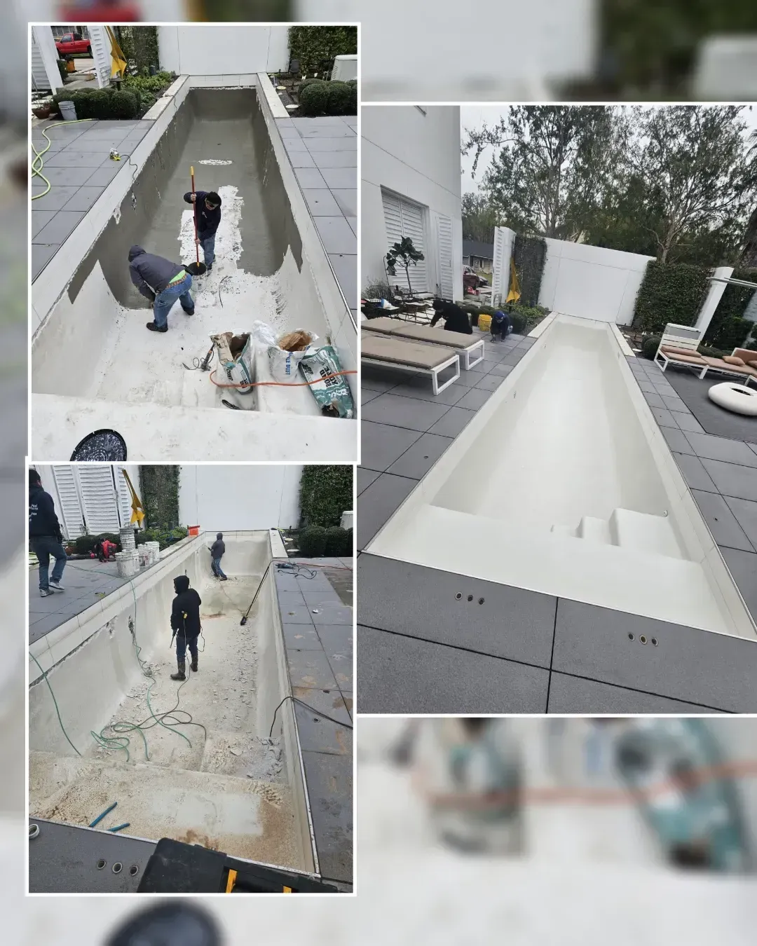 A collage showing workers renovating a long, narrow pool and the finished, clean white pool.