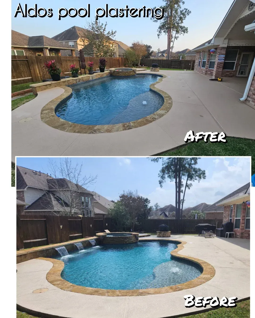 Before-and-after comparison showing a backyard swimming pool renovated by Aldo's Pool Plastering.