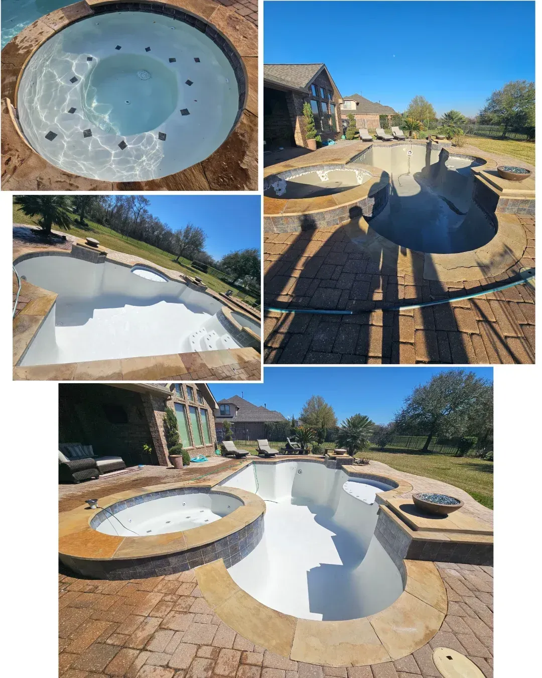 A collage of photos showing a newly refinished white pool and attached spa with stone coping and brick pavers.
