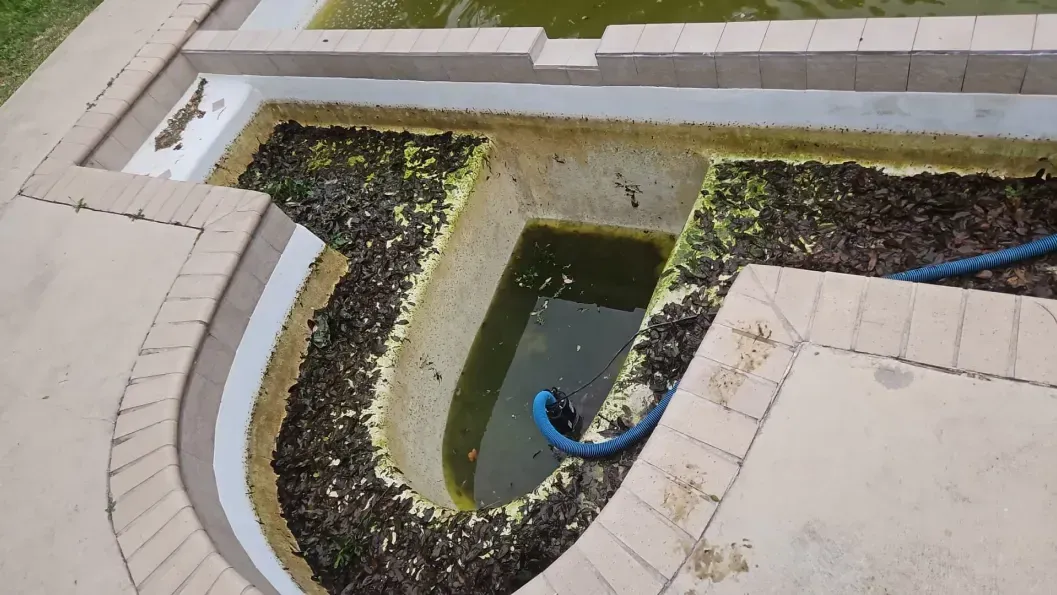 A partially drained, tiered outdoor fountain or pool filled with dead leaves, algae, and a blue hose.