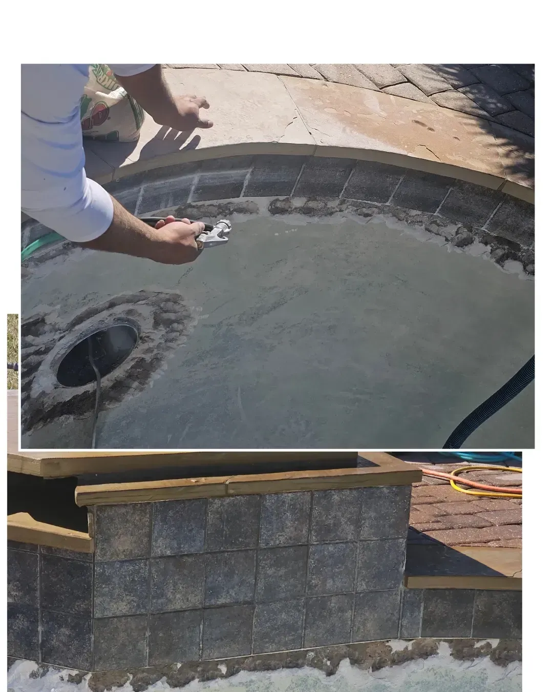 A person uses a tool to smooth wet concrete inside a circular structure near brick-paved patio borders.