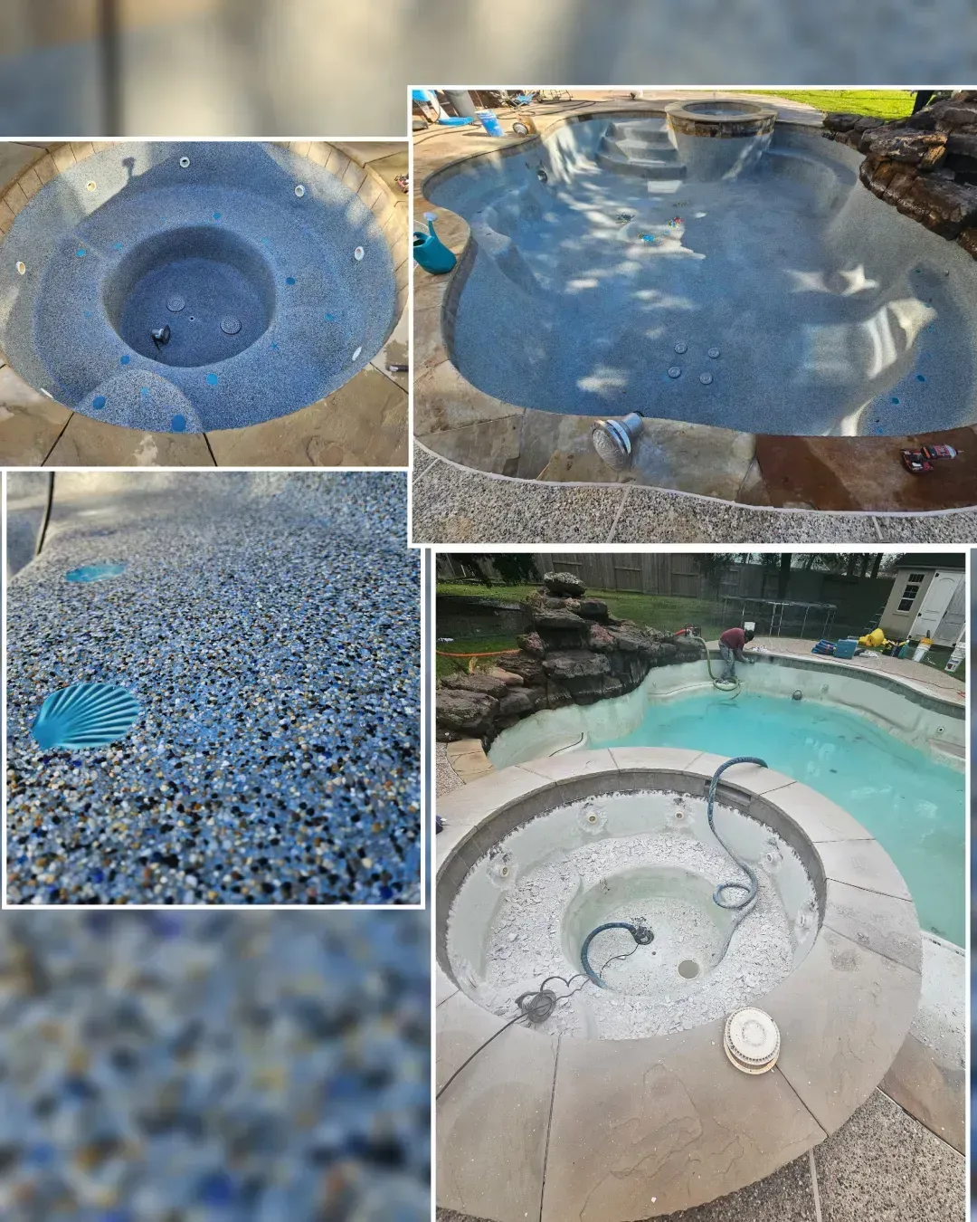 A collage showing before-and-after photos of a pool and hot tub resurfacing with a blue pebble finish.