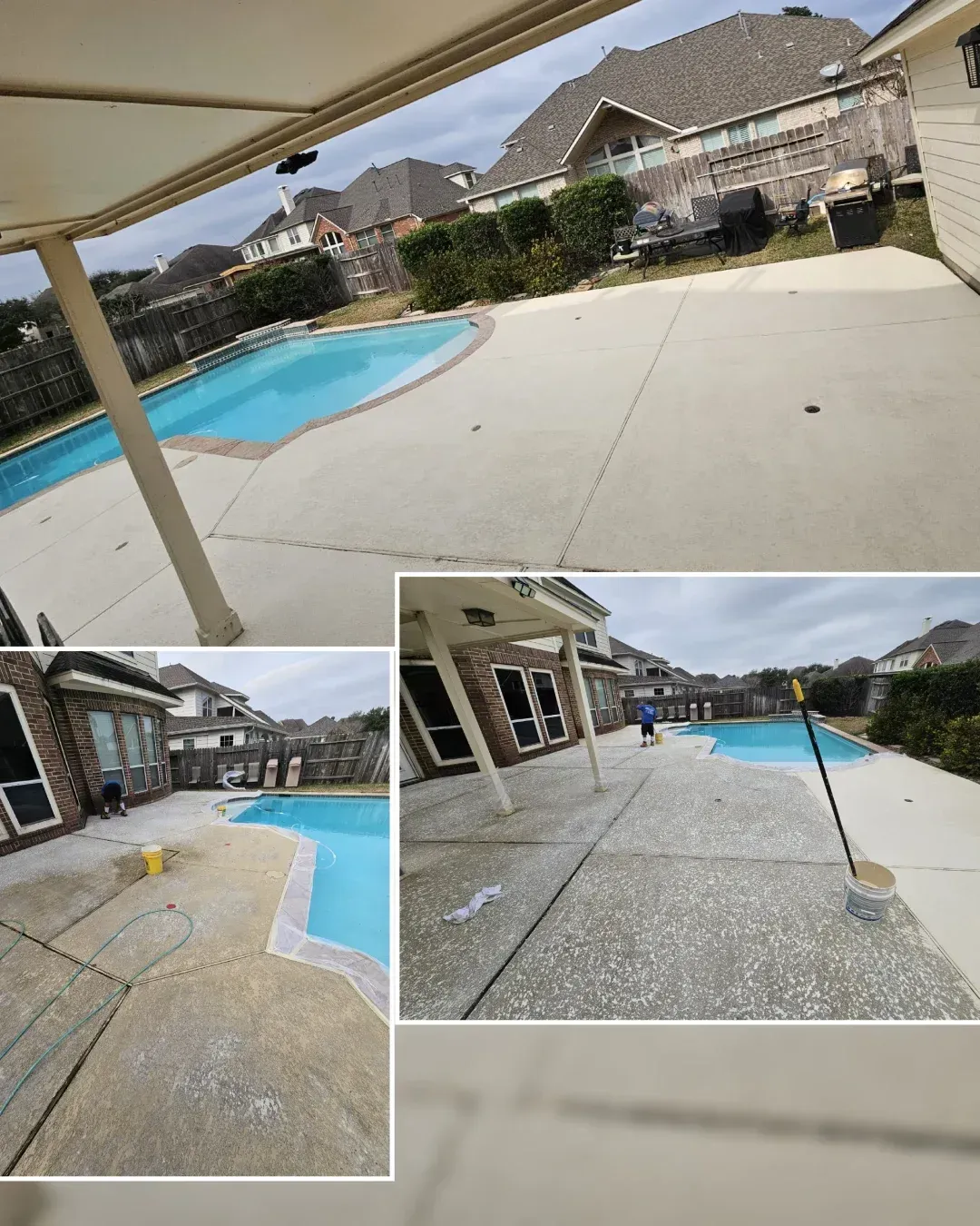 A composite image showing the process of power washing a beige pool deck, transitioning from stained to clean concrete.