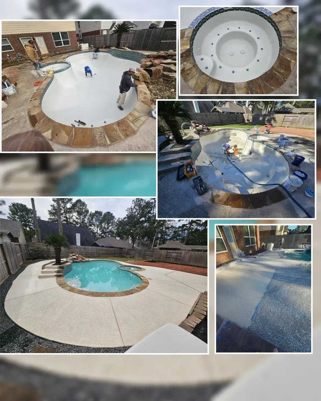 A collage showing stages of a backyard pool renovation, from construction and surface application to the finished result.