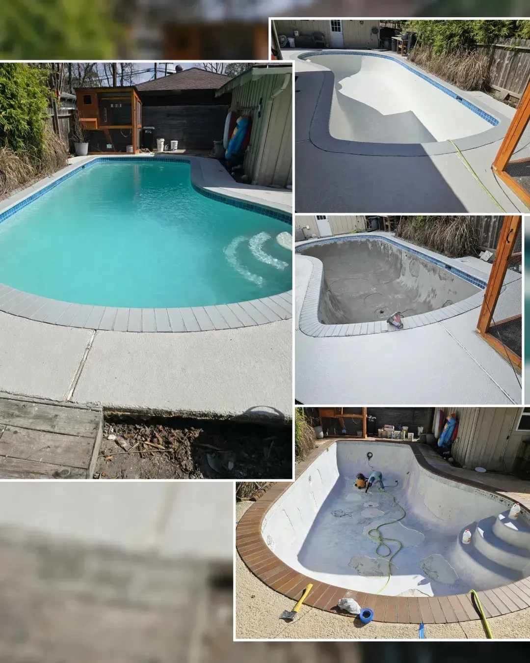 A collage showing a swimming pool renovation, including stages of draining, resurfacing, and the final filled pool.