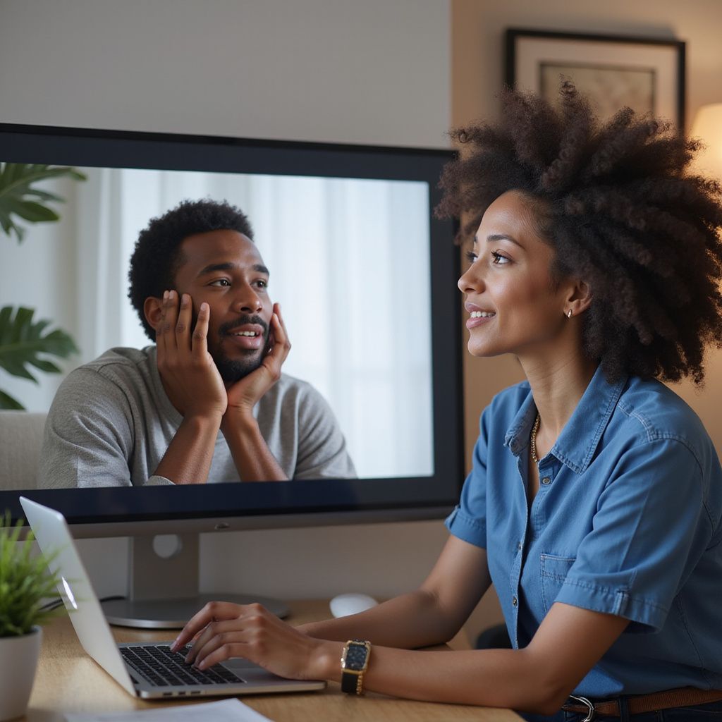 Woman using laptop, video chatting with a person on a monitor. Indoor setting.