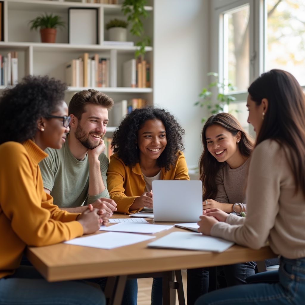 Five people sit around a table, collaborating with papers and a laptop in a well-lit room.