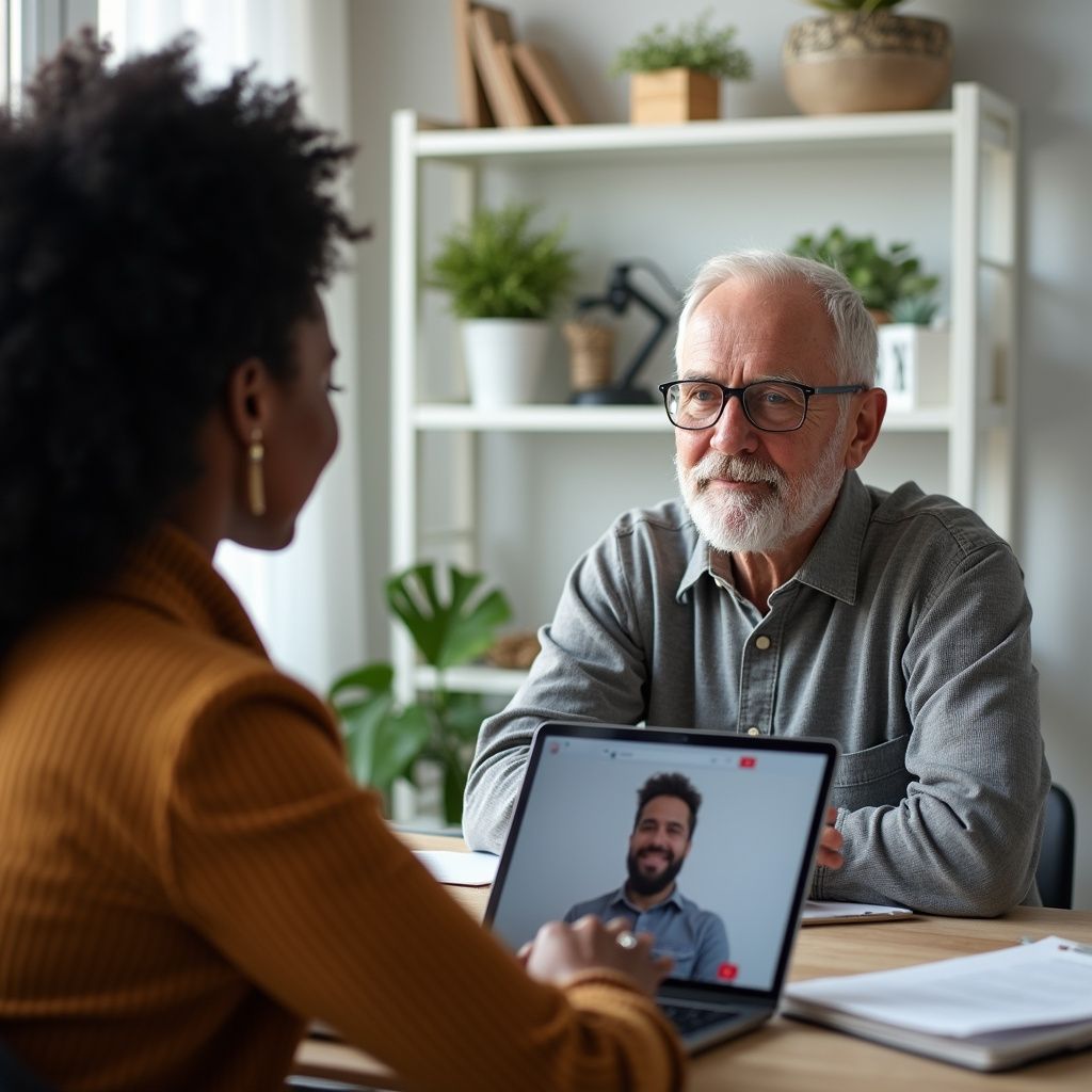 Woman and older man at a desk, looking at laptop screen with a video call. Man smiles, woman looks at the screen.