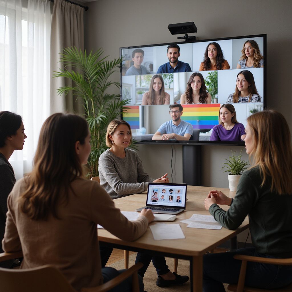People in a meeting room, having a video conference with a large screen displaying multiple participants.