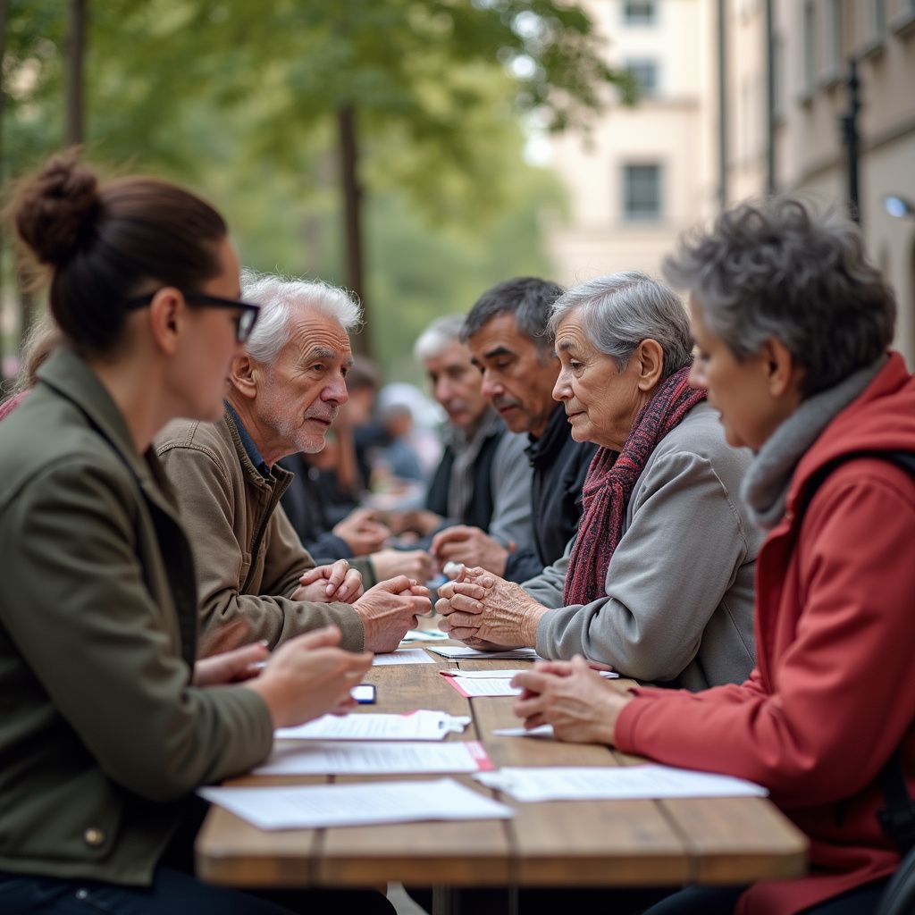 People seated at a table outside, papers in front of them, engaged in a discussion.