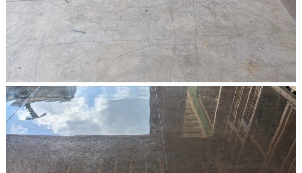 A before and after picture of a polished concrete floor.