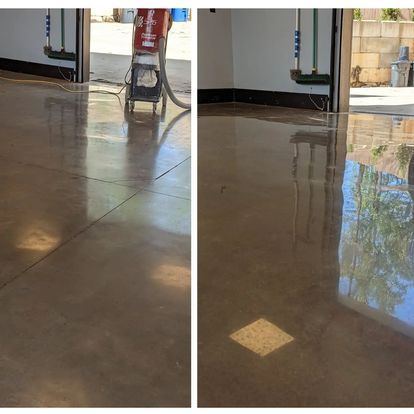 A before and after picture of a shiny newly polished concrete floor.