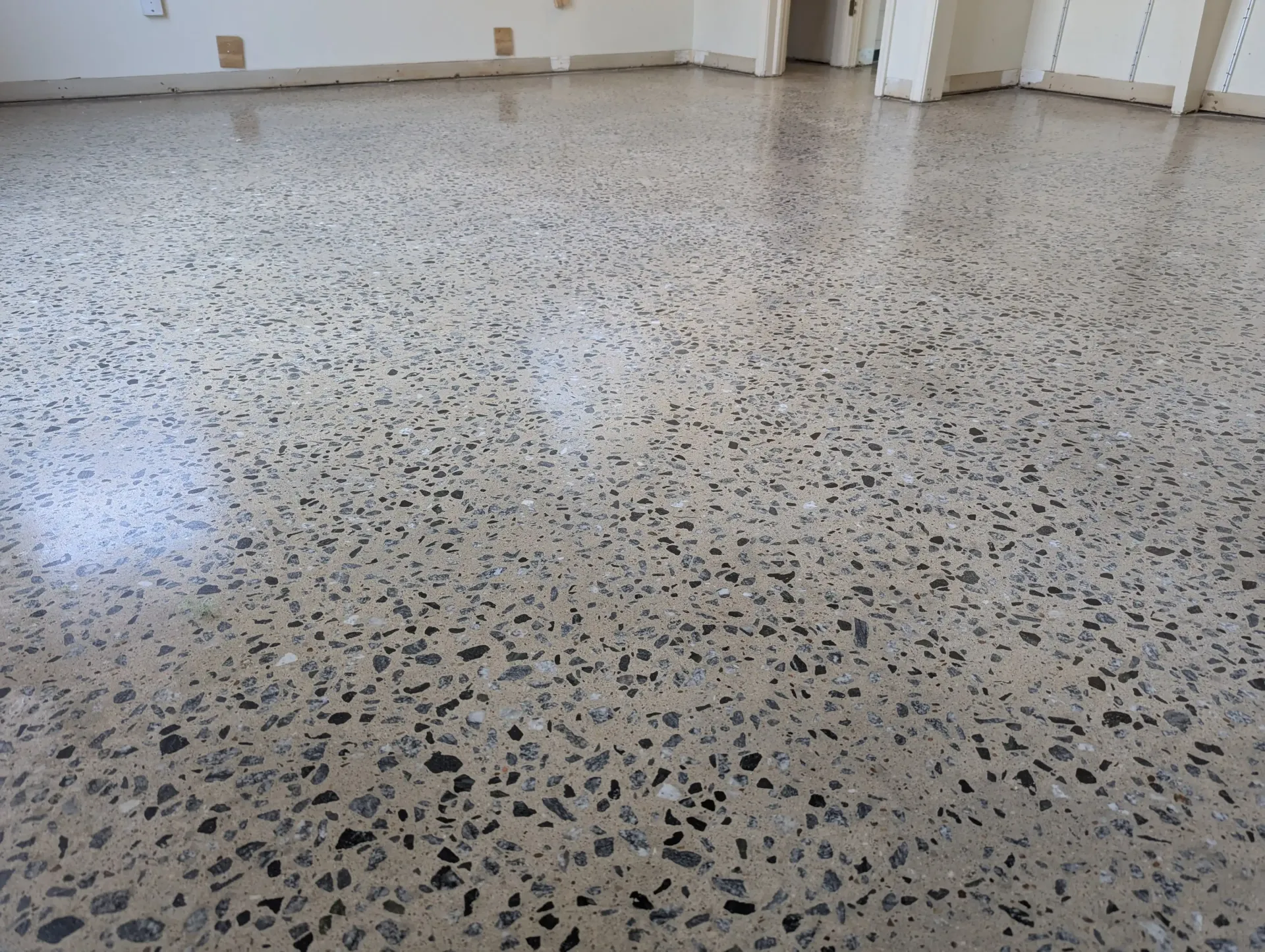 Empty terrazzo floor in a bright, mostly bare room with white walls and a few columns