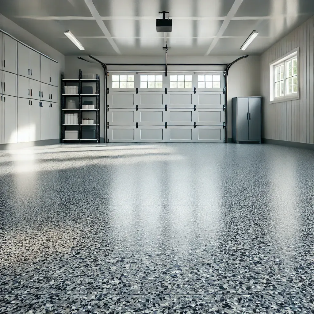 Empty garage with speckled epoxy floor, white cabinets, shelves, and a closed overhead door.