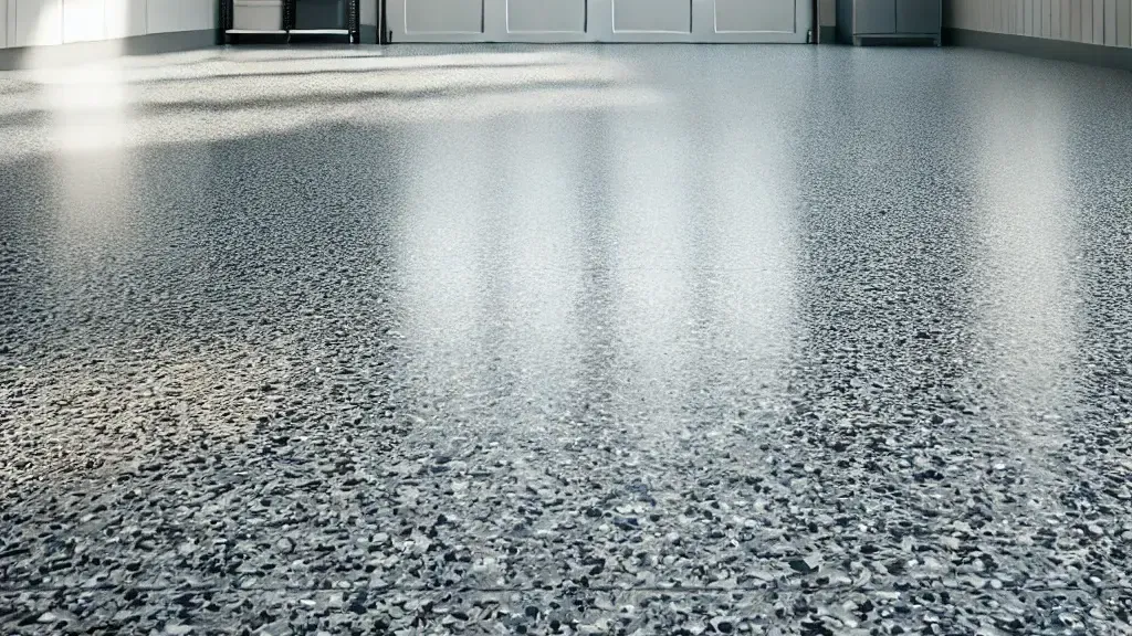 A close up of a shiny concrete floor in a garage.