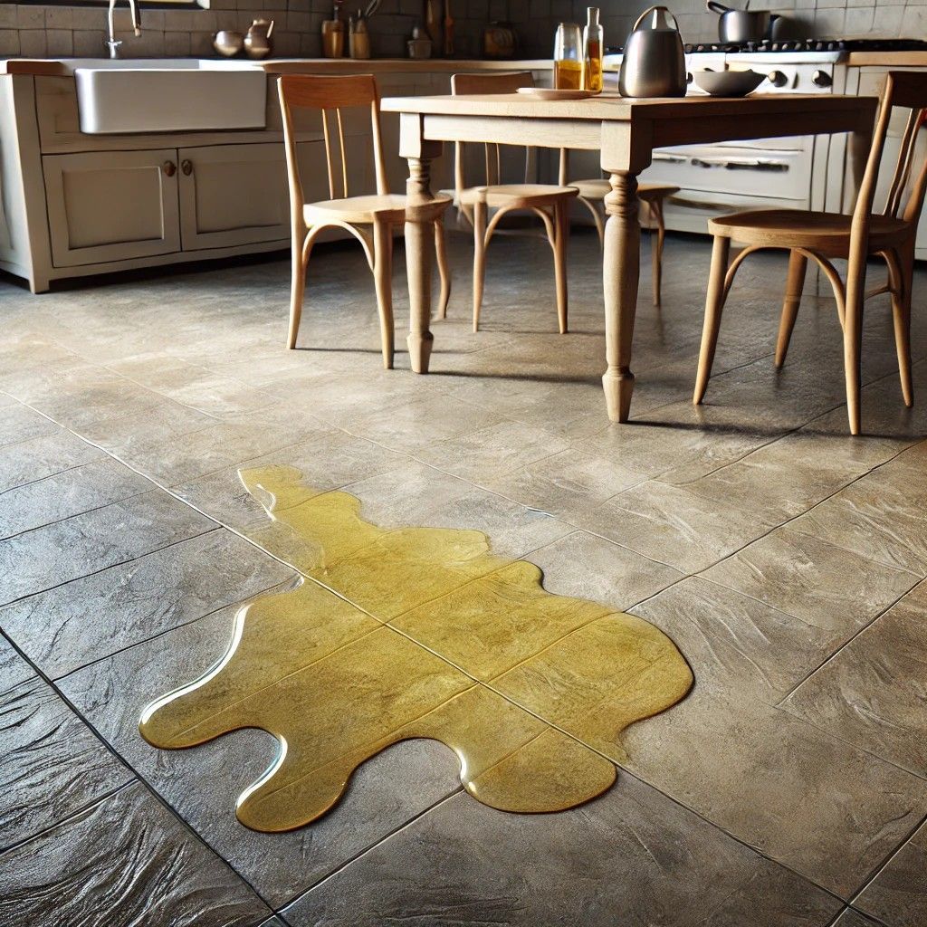 A kitchen with a table and chairs and a stain on the floor